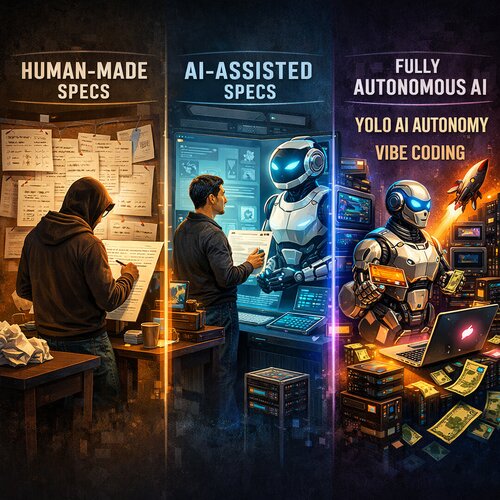 A visual breakdown of who controls software design — human specs vs AI-generated specs vs full AI autonomy