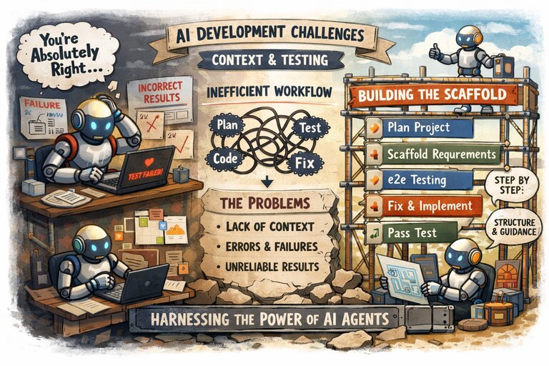On the left AI agents scratching their heads saying you're absolutely right. On the other side, agents working together on a scaffolding for the big project.